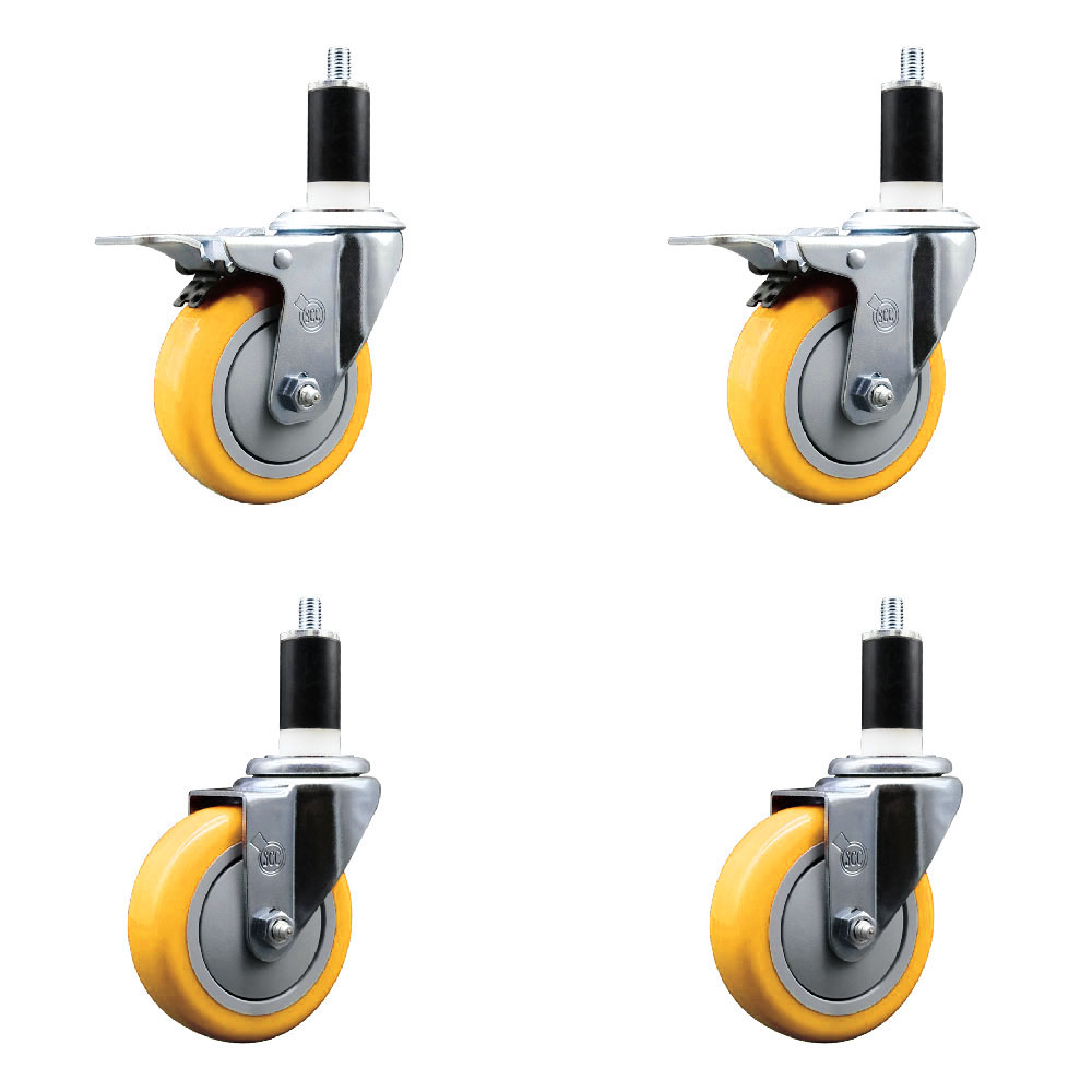 Polyurethane Swivel Expanding Stem Caster Set of 4 with 4 Inch Yellow Wheels and 1-3/8" Stems - Includes 2 with Total Locking Brakes - 1400 lbs Total Capacity - Service Caster Brand — photo 1