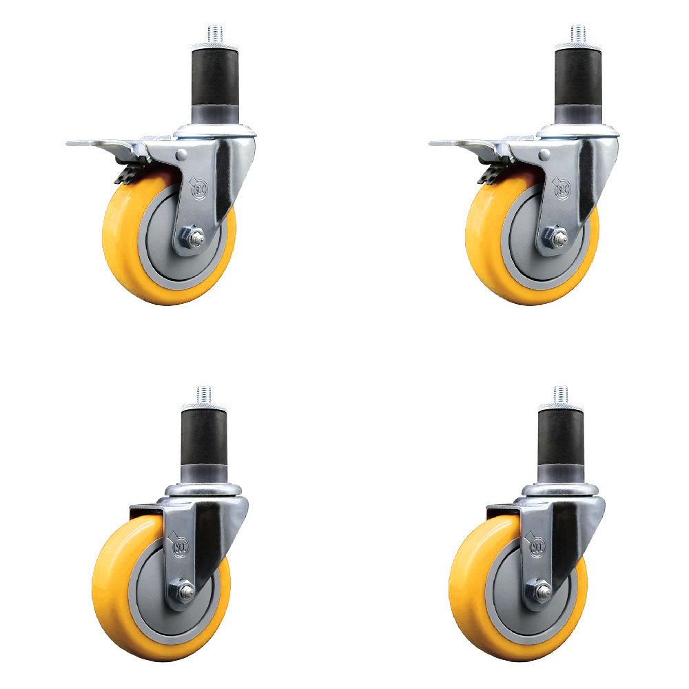 Polyurethane Swivel Expanding Stem Caster Set of 4 with 4 Inch Yellow Wheels and 1-5/8" Stems - Includes 2 with Total Locking Brakes - 1400 lbs Total Capacity - Service Caster Brand — photo 1