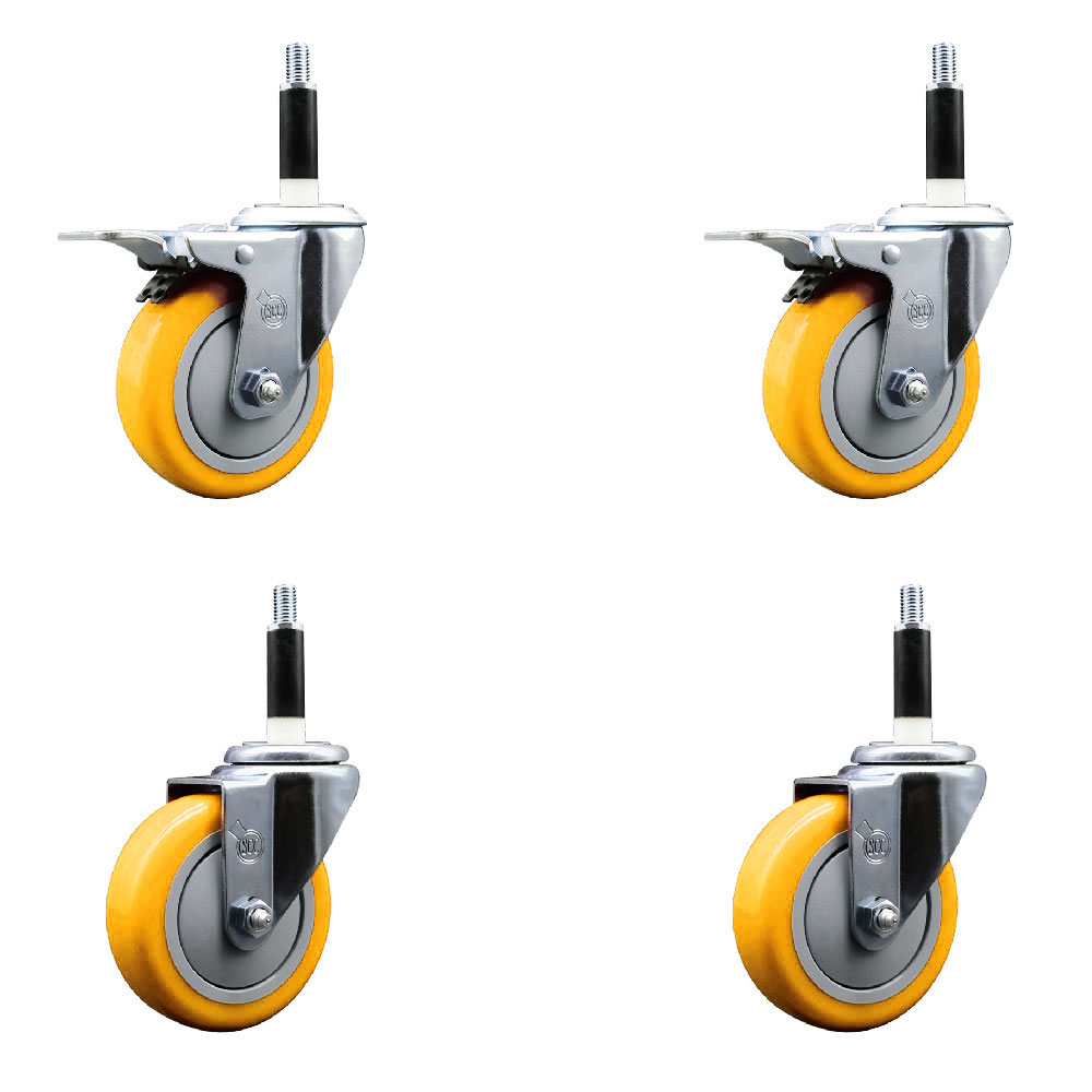 Polyurethane Swivel Stem Caster Set of 4 with 4 Inch Yellow Caster Wheels - 7/8" Expanding Stem-316 Stainless Steel Casters - Includes 2 Swivel with Total Lock Brakes and 2 Swivel-Service Caster Brand — photo 1