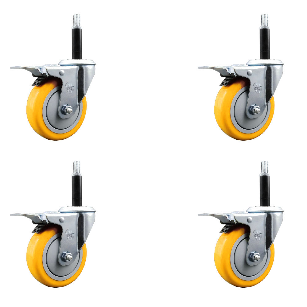 Polyurethane Swivel Expanding Stem Caster Set of 4 with 4 Inch Yellow Wheels and 3/4" Stems - Includes 4 Swivel with Total Locking Brakes - 350 lbs. Capacity Per Caster - Service Caster Brand — photo 1