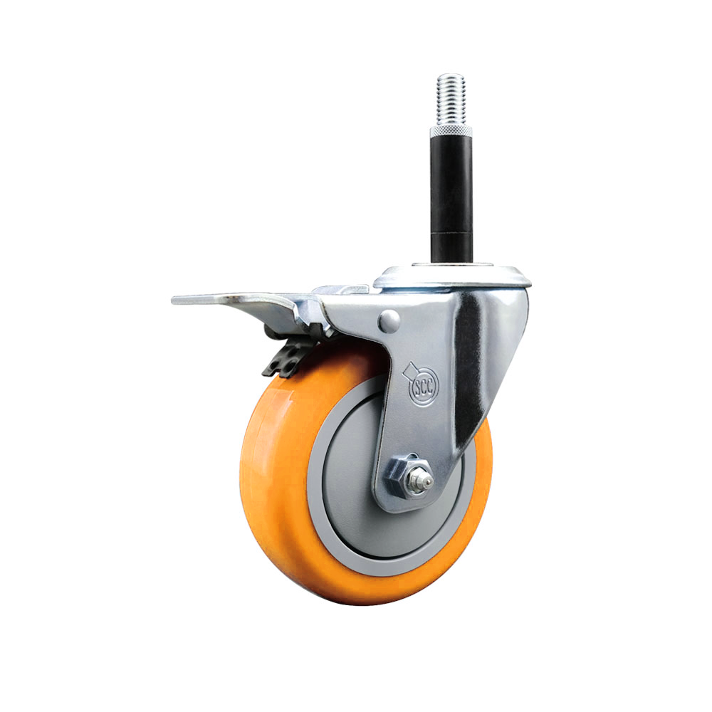 Polyurethane Swivel Stem Caster with 4 Inch Yellow Caster Wheel and Total Lock Brake - 3/4" Expanding Stem - 316 Stainless Steel Caster - 350 lbs. Capacity Per Caster - Service Caster Brand — photo 1