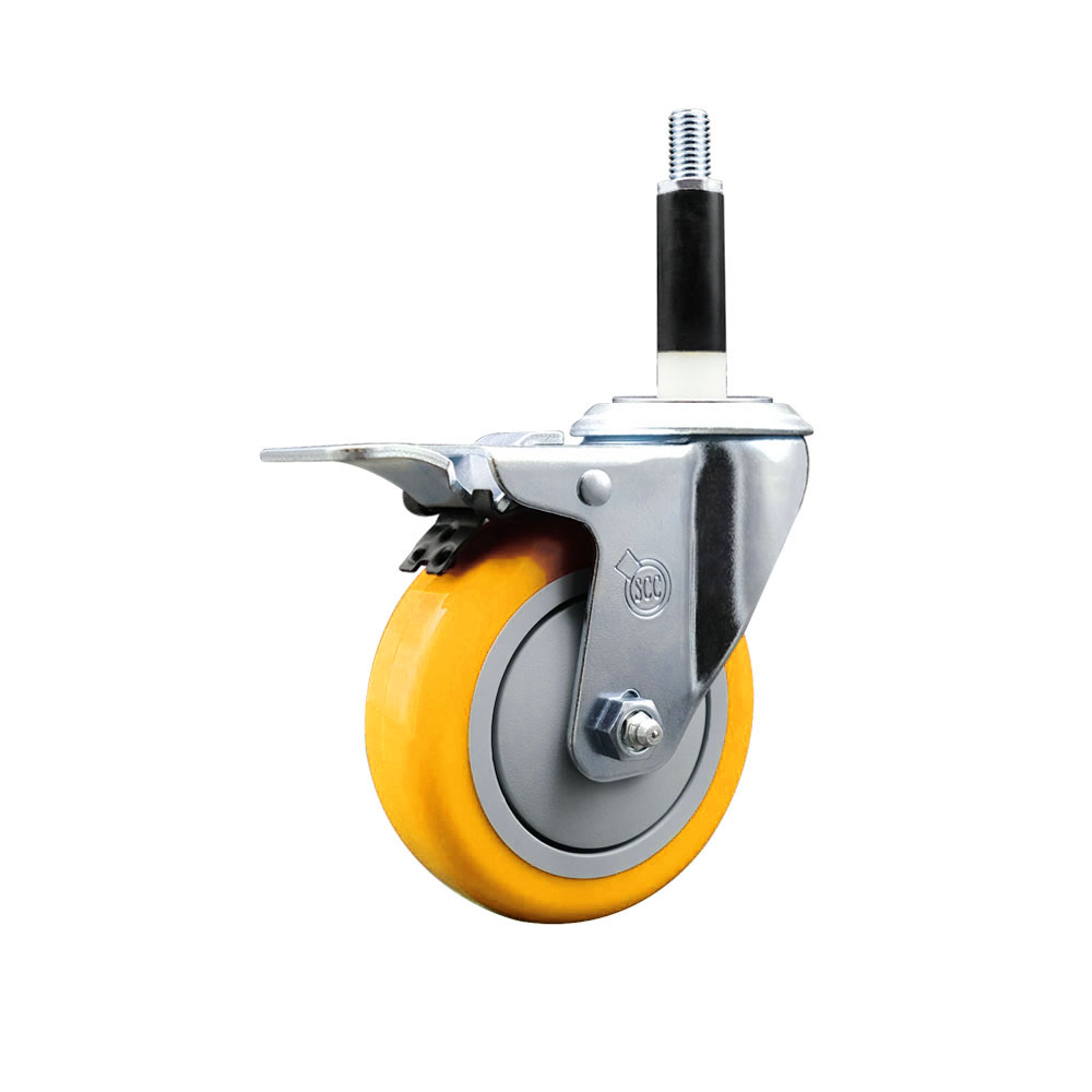 Stainless Steel Polyurethane Expanding Stem Swivel Caster with 4 Inch Yellow Wheel and 7/8" Stem & Total Locking Brake - 350 lbs. Capacity Per Caster - Service Caster Brand — photo 1