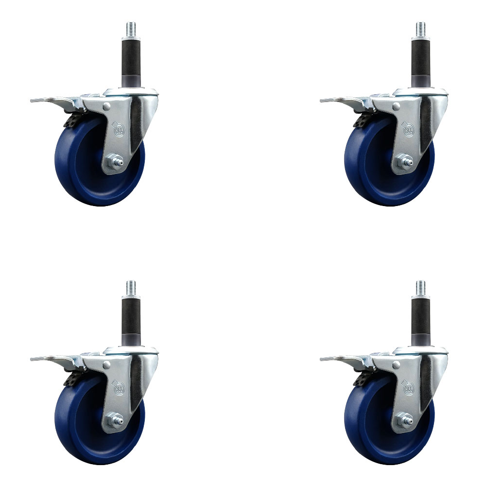 Solid Polyurethane Swivel Expanding Stem Caster Set of 4 with 4 Inch Blue Wheels and 1" Stems - Includes 4 Swivel with Total Locking Brakes - 300 lbs. Capacity Per Caster - Service Caster Brand — photo 1
