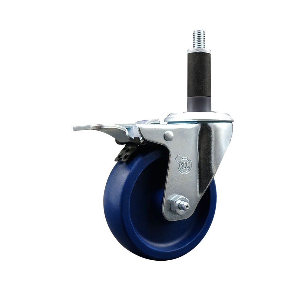Solid Polyurethane Expanding Stem Swivel Caster with 4 Inch Blue Wheel and 1" Stem & Total Locking Brake - 300 lbs. Capacity Per Caster - Service Caster Brand — photo 1