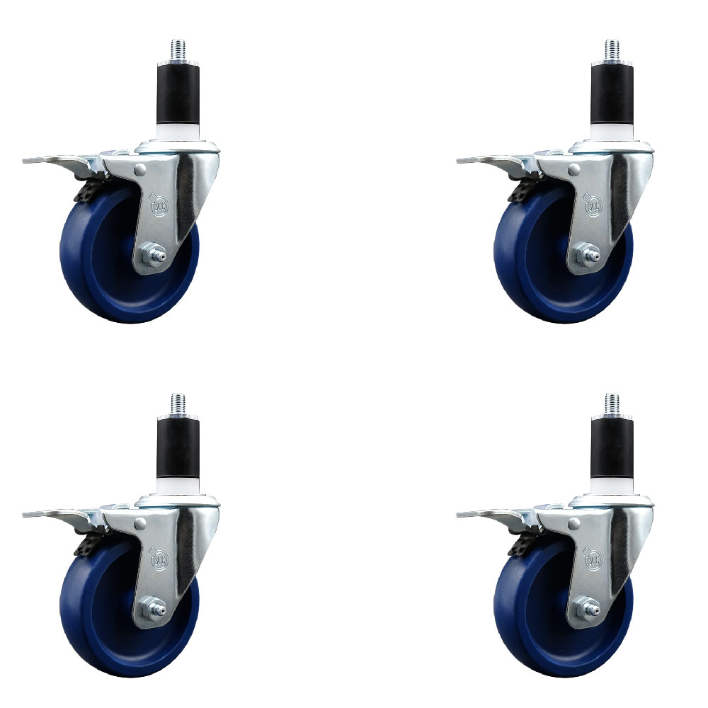 Solid Polyurethane Swivel Expanding Stem Caster Set of 4 with 4 Inch Blue Wheels and 1-1/2" Stems - Includes 4 Swivel with Total Locking Brakes - 300 lbs. Capacity Per Caster - Service Caster Brand — photo 1