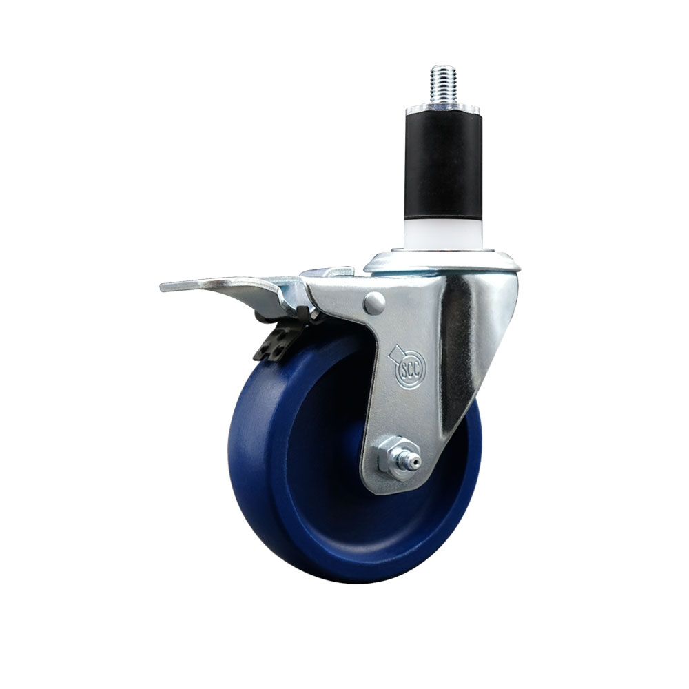 Stainless Steel Solid Polyurethane Expanding Stem Swivel Caster with 4 Inch Blue Wheel and 1-1/2" Stem & Total Locking Brake - 300 lbs. Capacity Per Caster - Service Caster Brand — photo 1