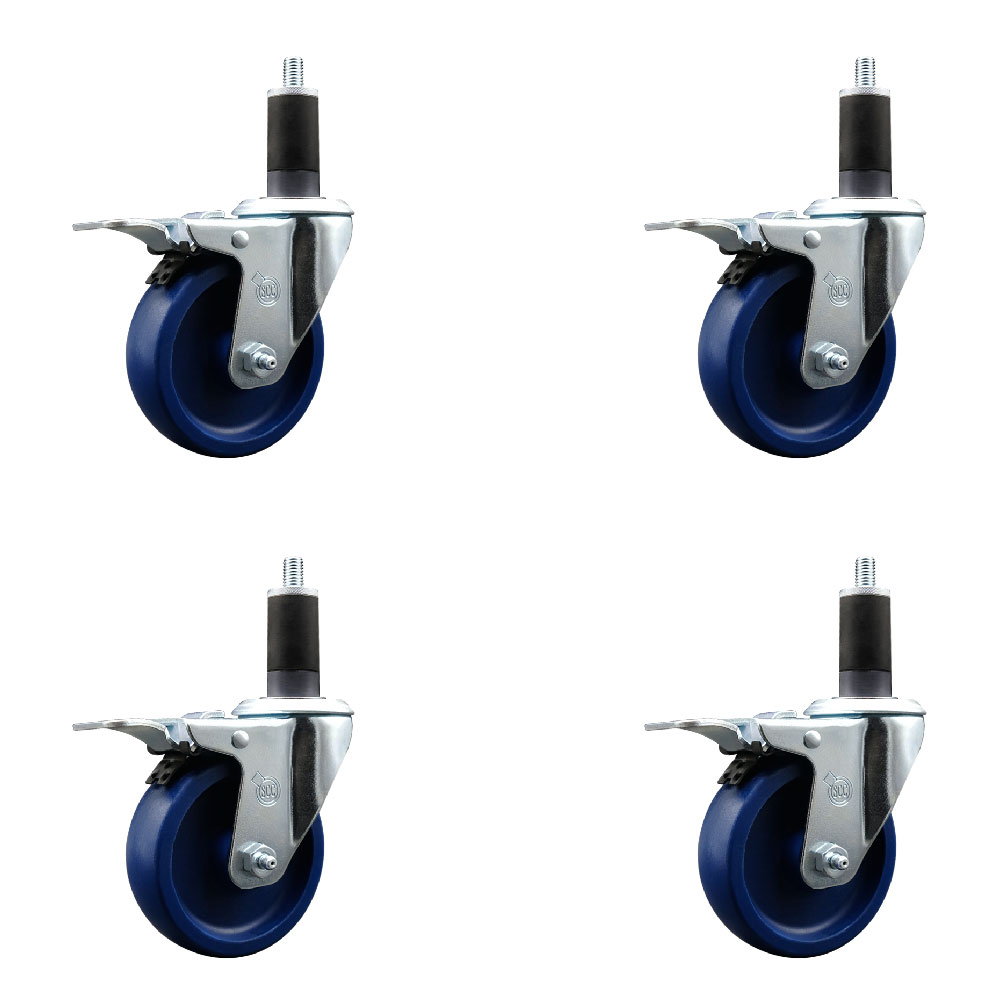 Solid Polyurethane Swivel Expanding Stem Caster Set of 4 with 4 Inch Blue Wheels and 1-1/4" Stems - Includes 4 Swivel with Total Locking Brakes - 300 lbs. Capacity Per Caster - Service Caster Brand — photo 1