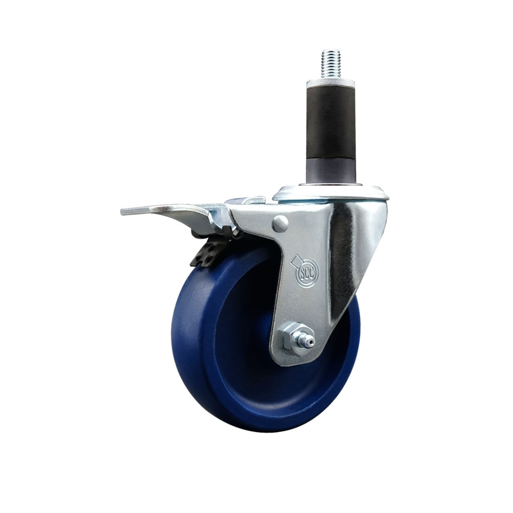 Solid Polyurethane Expanding Stem Swivel Caster with 4 Inch Blue Wheel and 1-1/4" Stem & Total Locking Brake - 300 lbs. Capacity Per Caster - Service Caster Brand — photo 1