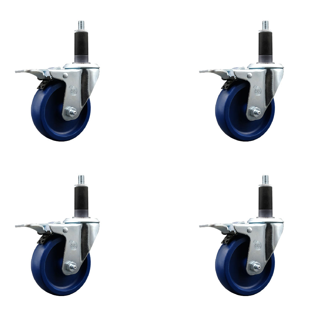 Solid Polyurethane Swivel Expanding Stem Caster Set of 4 with 4 Inch Blue Wheels and 1-1/8" Stems - Includes 4 Swivel with Total Locking Brakes - 300 lbs. Capacity Per Caster - Service Caster Brand — photo 1