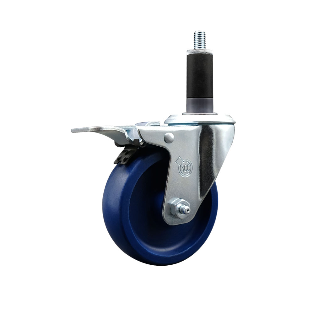 Solid Polyurethane Expanding Stem Swivel Caster with 4 Inch Blue Wheel and 1-1/8" Stem & Total Locking Brake - 300 lbs. Capacity Per Caster - Service Caster Brand — photo 1