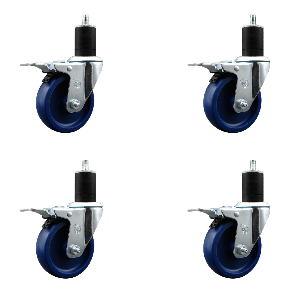 Stainless Steel Solid Polyurethane Swivel Expanding Stem Caster Set of 4 with 4 Inch Blue Wheels and 1-3/4" Stems-4 Swivel with Total Locking Brakes-300 lbs. Capacity Per Caster-Service Caster Brand — photo 1