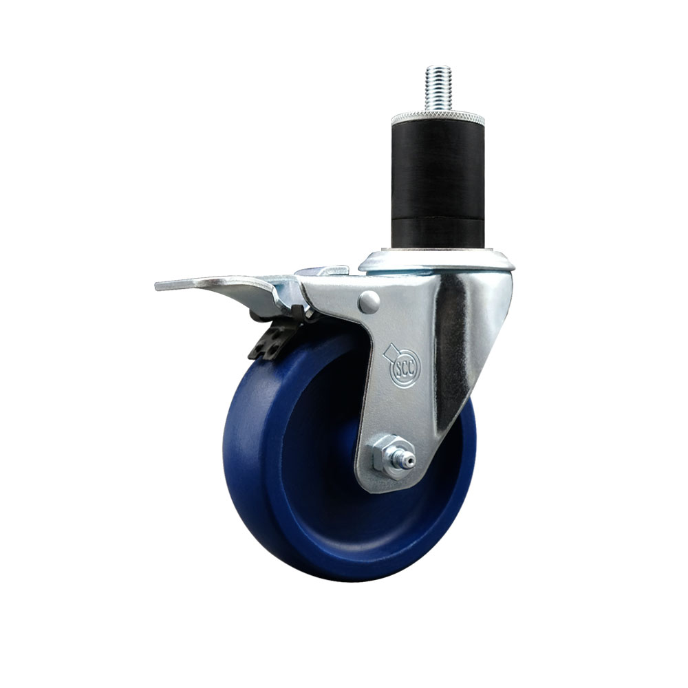 Solid Polyurethane Expanding Stem Swivel Caster with 4 Inch Blue Wheel and 1-3/4" Stem & Total Locking Brake - 300 lbs. Capacity Per Caster - Service Caster Brand — photo 1