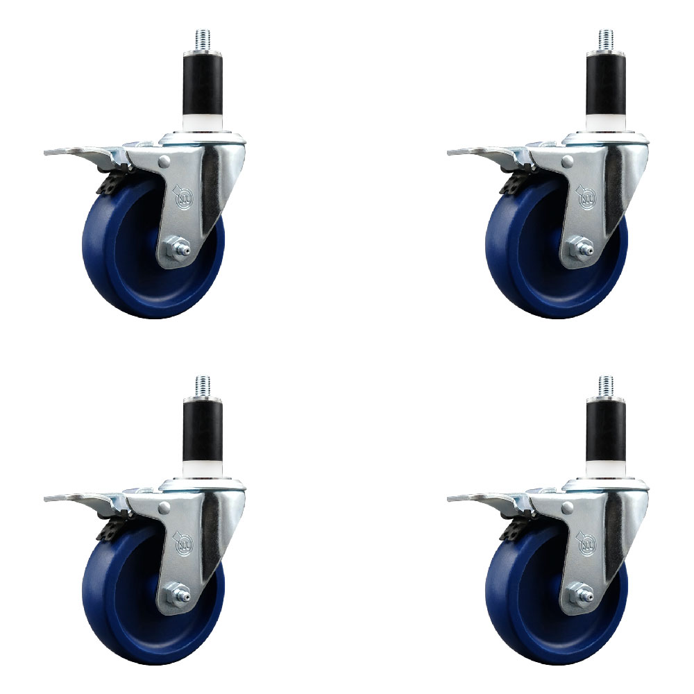 Stainless Steel Solid Polyurethane Swivel Expanding Stem Caster Set of 4 with 4 Inch Blue Wheels and 1-3/8" Stems-4 Swivel with Total Locking Brakes-300 lbs. Capacity Per Caster-Service Caster Brand — photo 1