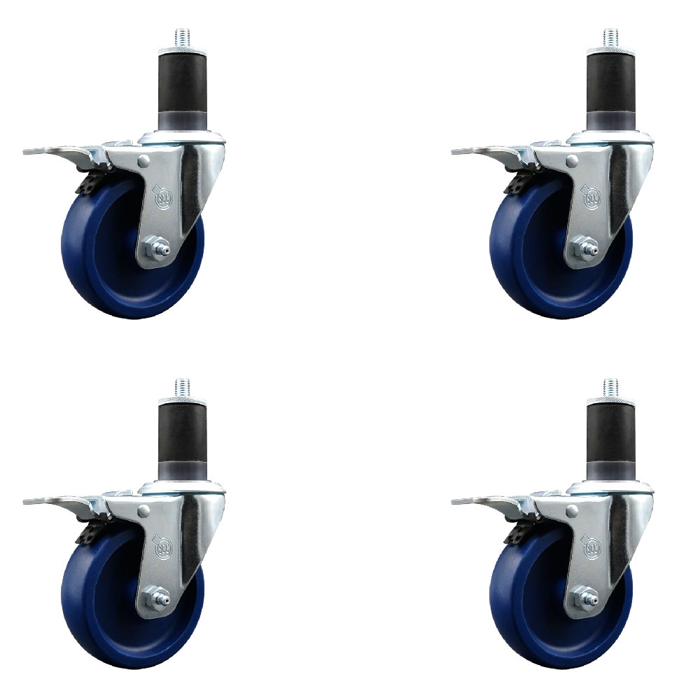 Stainless Steel Solid Polyurethane Swivel Expanding Stem Caster Set of 4 with 4 Inch Blue Wheels and 1-5/8" Stems-4 Swivel with Total Locking Brakes-300 lbs. Capacity Per Caster-Service Caster Brand — photo 1