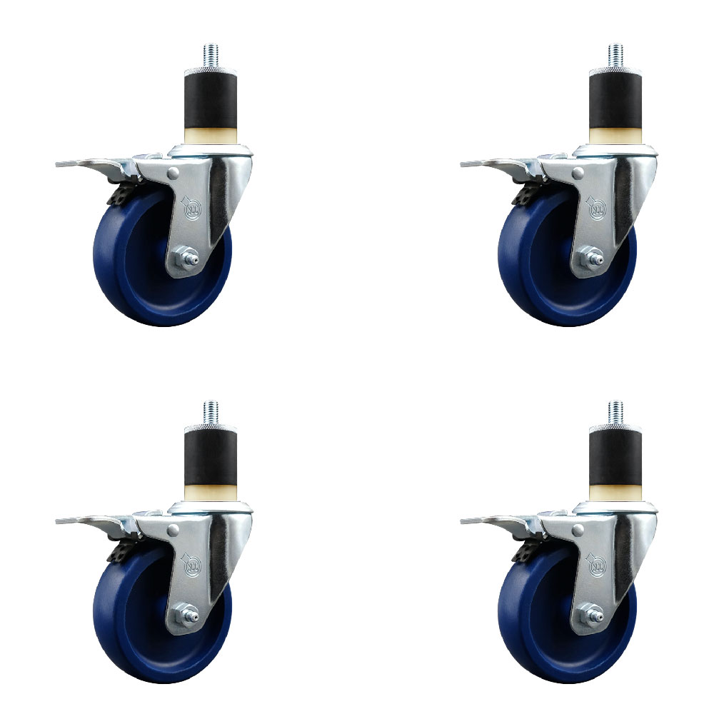 Solid Polyurethane Swivel Expanding Stem Caster Set of 4 with 4 Inch Blue Wheels and 1-7/8" Stems - Includes 4 Swivel with Total Locking Brakes - 300 lbs. Capacity Per Caster - Service Caster Brand — photo 1