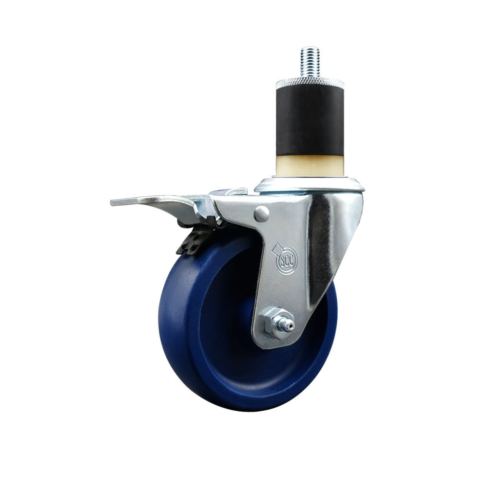 Solid Polyurethane Expanding Stem Swivel Caster with 4 Inch Blue Wheel and 1-7/8" Stem & Total Locking Brake - 300 lbs. Capacity Per Caster - Service Caster Brand — photo 1