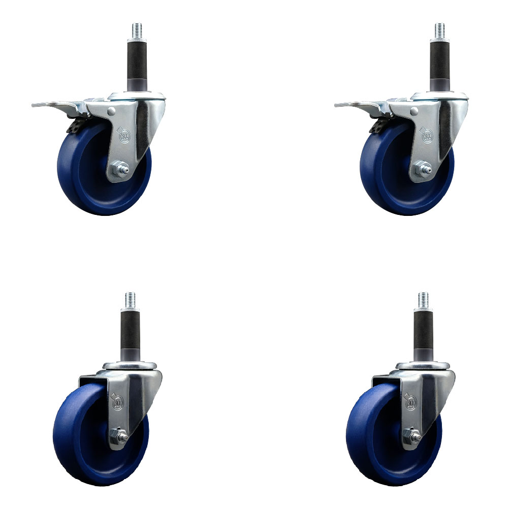 Solid Polyurethane Swivel Expanding Stem Caster Set of 4 with 4 Inch Blue Wheels and 1" Stems - Includes 2 with Total Locking Brakes - 1200 lbs Total Capacity - Service Caster Brand — photo 1