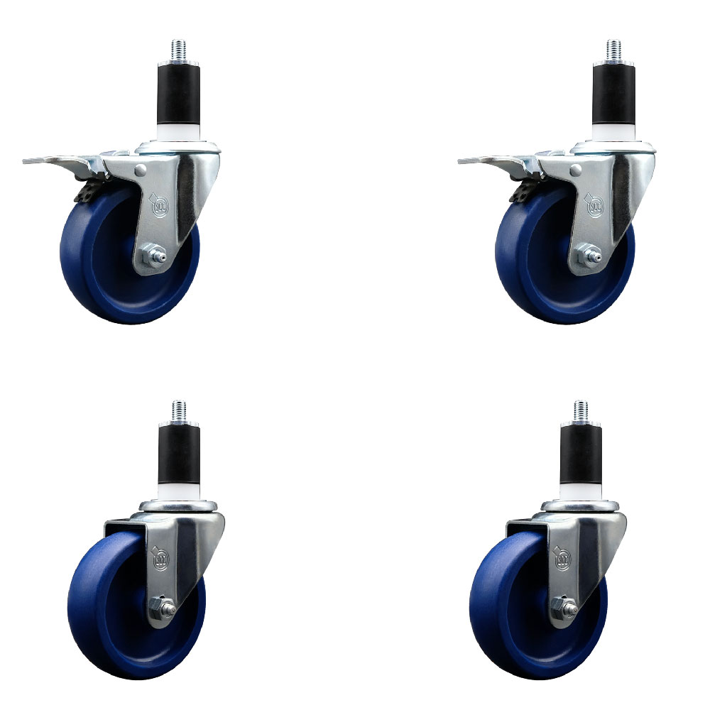 Stainless Steel Solid Polyurethane Swivel Expanding Stem Caster Set of 4 with 4 Inch Blue Wheels and 1-1/2" Stems - 2 with Total Locking Brakes - 1200 lbs Total Capacity - Service Caster Brand — photo 1