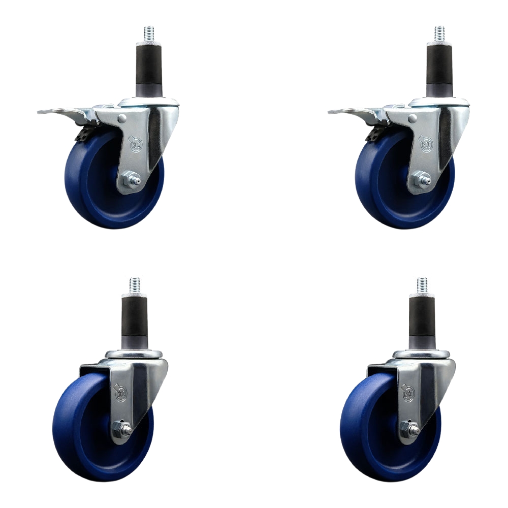 Solid Polyurethane Swivel Expanding Stem Caster Set of 4 with 4 Inch Blue Wheels and 1-1/4" Stems - Includes 2 with Total Locking Brakes - 1200 lbs Total Capacity - Service Caster Brand — photo 1