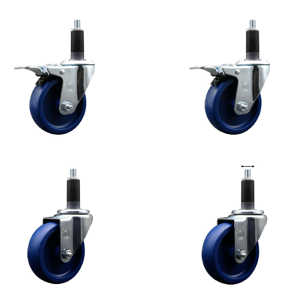 Stainless Steel Solid Polyurethane Swivel Expanding Stem Caster Set of 4 with 4 Inch Blue Wheels and 1-1/8" Stems - 2 with Total Locking Brakes - 1200 lbs Total Capacity - Service Caster Brand — photo 1