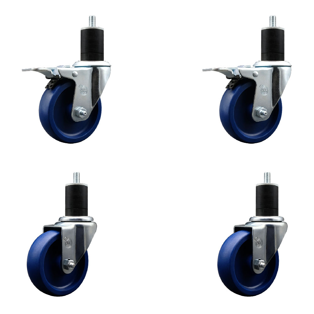 Stainless Steel Solid Polyurethane Swivel Expanding Stem Caster Set of 4 with 4 Inch Blue Wheels and 1-3/4" Stems - 2 with Total Locking Brakes - 1200 lbs Total Capacity - Service Caster Brand — photo 1