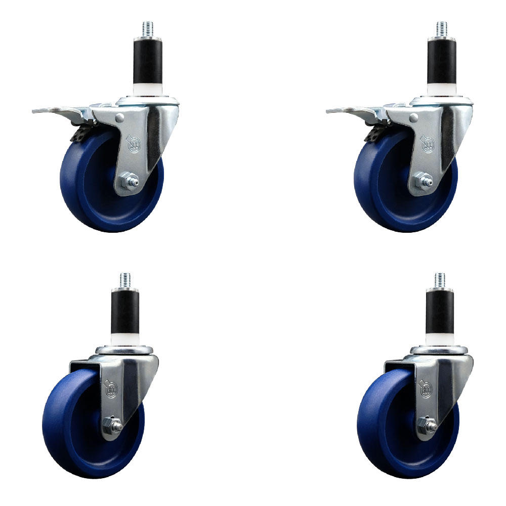Stainless Steel Solid Polyurethane Swivel Expanding Stem Caster Set of 4 with 4 Inch Blue Wheels and 1-3/8" Stems - 2 with Total Locking Brakes - 1200 lbs Total Capacity - Service Caster Brand — photo 1