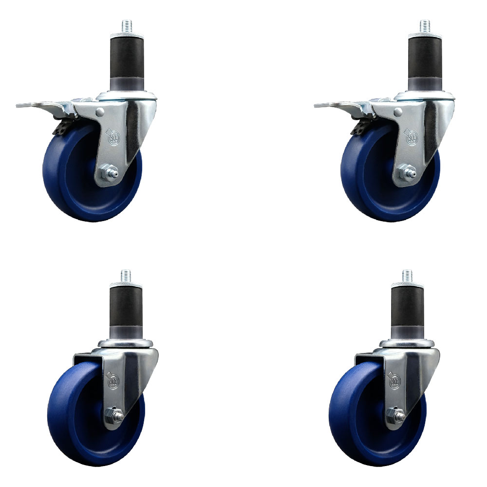 Solid Polyurethane Swivel Expanding Stem Caster Set of 4 with 4 Inch Blue Wheels and 1-5/8" Stems - Includes 2 with Total Locking Brakes - 1200 lbs Total Capacity - Service Caster Brand — photo 1
