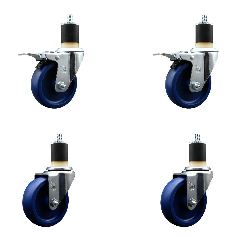 Solid Polyurethane Swivel Expanding Stem Caster Set of 4 with 4 Inch Blue Wheels and 1-7/8" Stems - Includes 2 with Total Locking Brakes - 1200 lbs Total Capacity - Service Caster Brand — photo 1