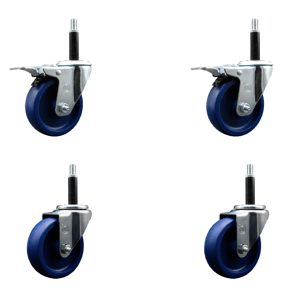Solid Polyurethane Swivel Expanding Stem Caster Set of 4 with 4 Inch Blue Wheels and 3/4" Stems - Includes 2 with Total Locking Brakes - 1200 lbs Total Capacity - Service Caster Brand — photo 1