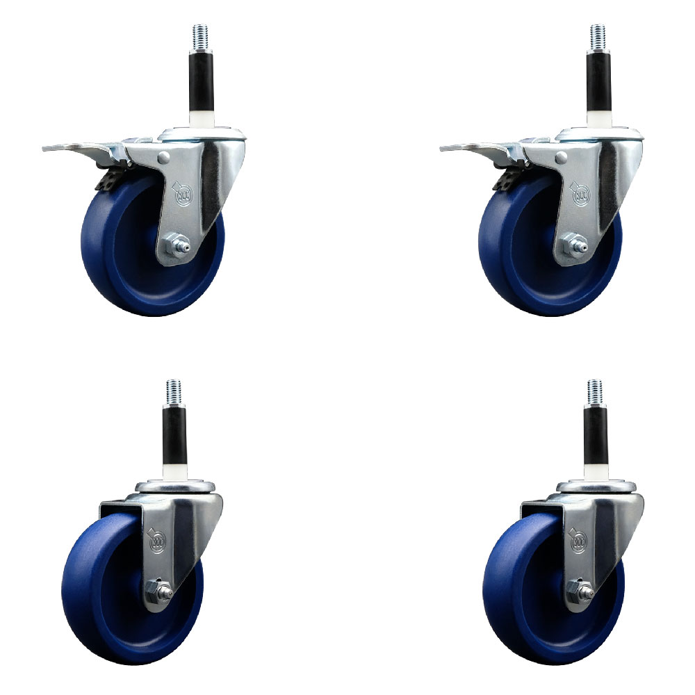 Solid Polyurethane Swivel Expanding Stem Caster Set of 4 with 4 Inch Blue Wheels and 7/8" Stems - Includes 2 with Total Locking Brakes - 1200 lbs Total Capacity - Service Caster Brand — photo 1