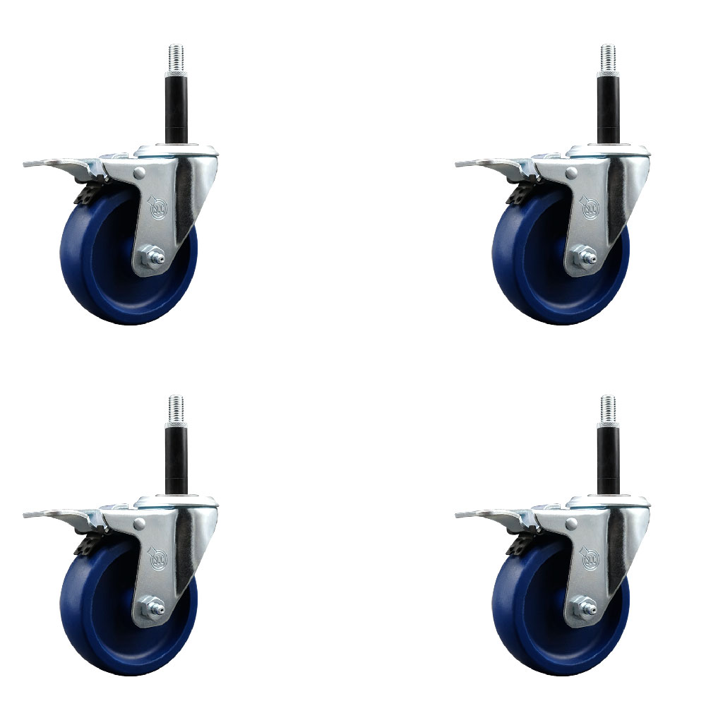 Solid Polyurethane Swivel Expanding Stem Caster Set of 4 with 4 Inch Blue Wheels and 3/4" Stems - Includes 4 Swivel with Total Locking Brakes - 300 lbs. Capacity Per Caster - Service Caster Brand — photo 1