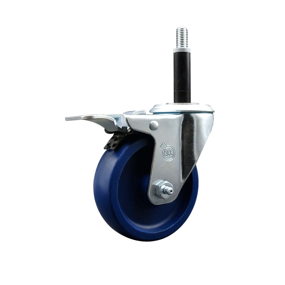 Stainless Steel Solid Polyurethane Expanding Stem Swivel Caster with 4 Inch Blue Wheel and 3/4" Stem & Total Locking Brake - 300 lbs. Capacity Per Caster - Service Caster Brand — photo 1