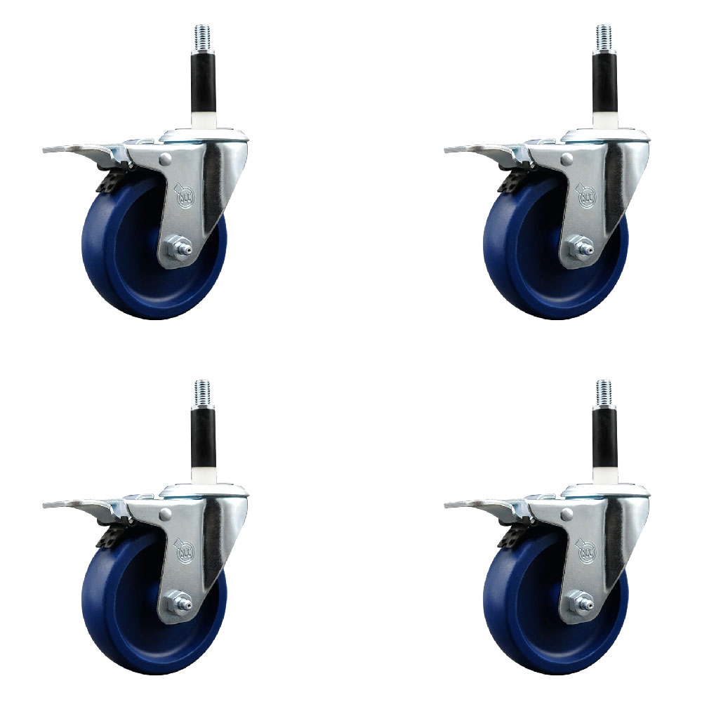 Stainless Steel Solid Polyurethane Swivel Expanding Stem Caster Set of 4 with 4 Inch Blue Wheels and 7/8" Stems-4 Swivel with Total Locking Brakes-300 lbs. Capacity Per Caster-Service Caster Brand — photo 1