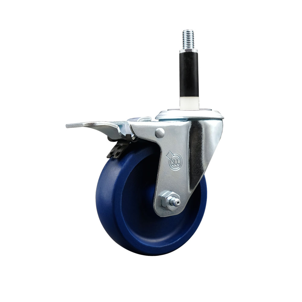 Solid Polyurethane Expanding Stem Swivel Caster with 4 Inch Blue Wheel and 7/8" Stem & Total Locking Brake - 300 lbs. Capacity Per Caster - Service Caster Brand — photo 1