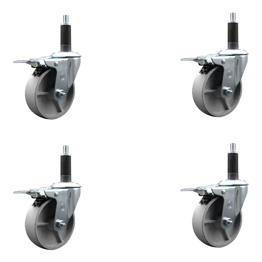 Semi Steel Cast Iron Swivel Expanding Stem Caster Set of 4 with Roller Bearings - 4" x 1.5" Silver Wheels and 1" Stems - 4 with Total Lock Brakes - 1200 lbs Total Capacity - Service Caster Brand — photo 1