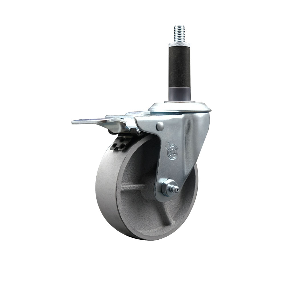 Semi Steel Cast Iron Swivel Expanding Stem Swivel Caster with 4 Inch Silver Wheel and 1" Stem & Total Locking Brake - 300 lbs. Capacity Per Caster - Service Caster Brand — photo 1