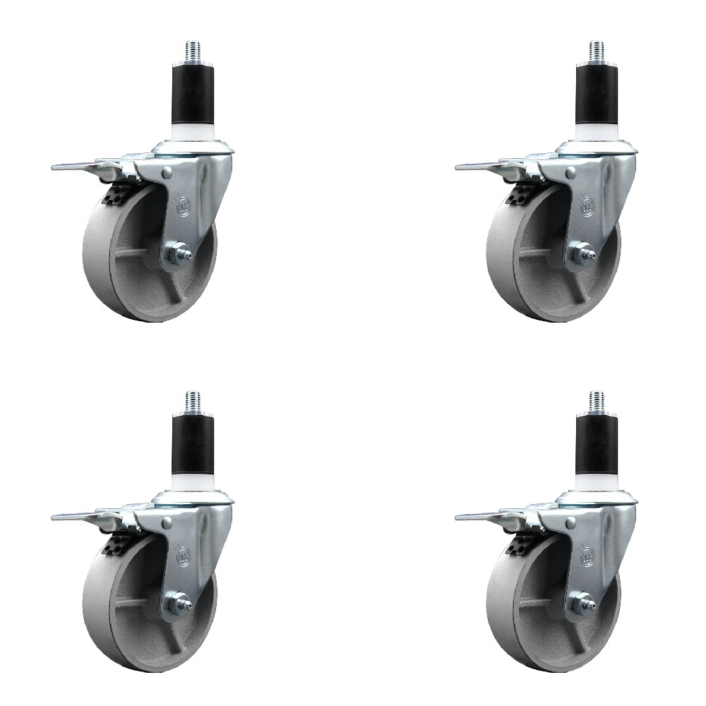 Semi Steel Cast Iron Swivel Expanding Stem Caster Set of 4 with Roller Bearings - 4" x 1.5" Silver Wheels and 1-1/2" Stems - 4 with Total Lock Brakes - 1200 lbs Total Capacity - Service Caster Brand — photo 1