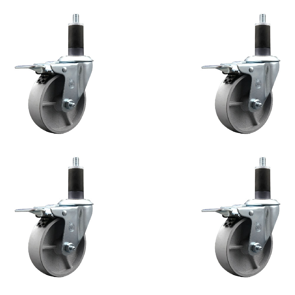Semi Steel Cast Iron Swivel Expanding Stem Caster Set of 4 with Roller Bearings - 4" x 1.5" Silver Wheels and 1-1/4" Stems - 4 with Total Lock Brakes - 1200 lbs Total Capacity - Service Caster Brand — photo 1
