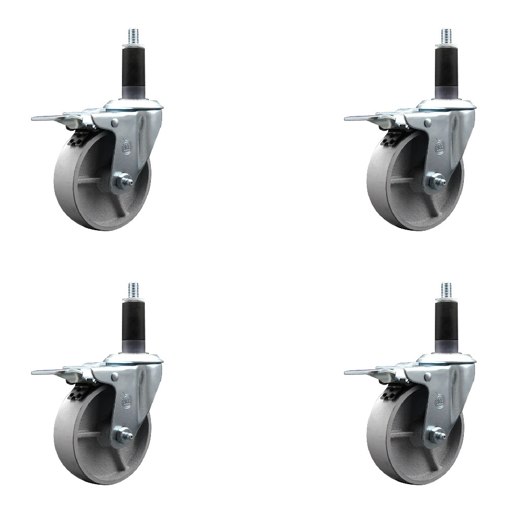 Semi Steel Cast Iron Swivel Expanding Stem Caster Set of 4 with 4 Inch Silver Wheels and 1-1/8" Stems - 4 Swivel with Total Locking Brakes - 300 lbs. Capacity Per Caster - Service Caster Brand — photo 1