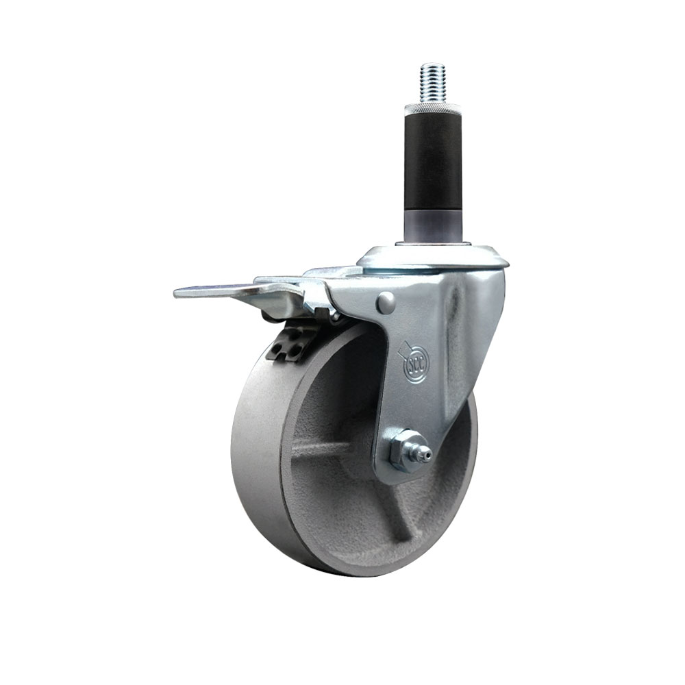 Semi Steel Cast Iron Swivel Expanding Stem Caster w/Roller Bearing - 4" x 1.5" Silver Wheel and 1-1/8" Stem & Total Locking Brake - 300 lbs Capacity/Caster - Service Caster Brand — photo 1