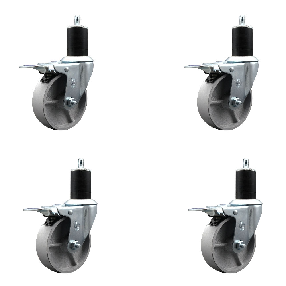 Semi Steel Cast Iron Swivel Expanding Stem Caster Set of 4 with 4 Inch Silver Wheels and 1-3/4" Stems - 4 Swivel with Total Locking Brakes - 300 lbs. Capacity Per Caster - Service Caster Brand — photo 1