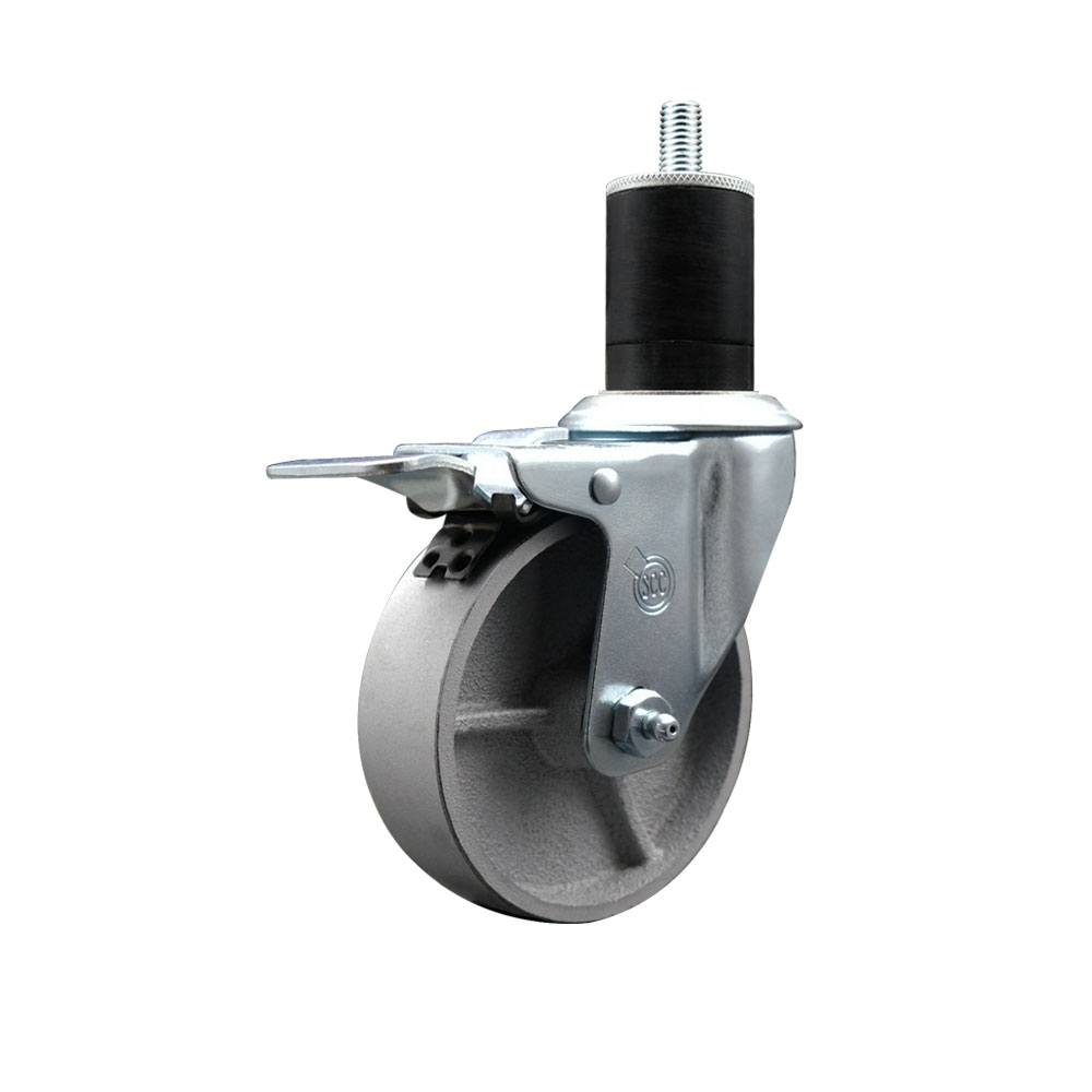 Semi Steel Cast Iron Swivel Expanding Stem Swivel Caster with 4 Inch Silver Wheel and 1-3/4" Stem & Total Locking Brake - 300 lbs. Capacity Per Caster - Service Caster Brand — photo 1