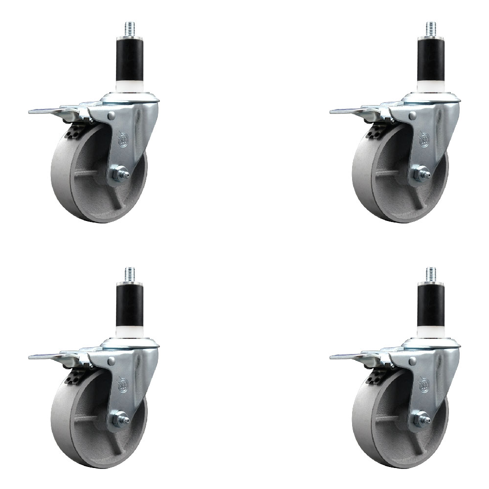 Semi Steel Cast Iron Swivel Expanding Stem Caster Set of 4 with Roller Bearings - 4" x 1.5" Silver Wheels and 1-3/8" Stems - 4 with Total Lock Brakes - 1200 lbs Total Capacity - Service Caster Brand — photo 1