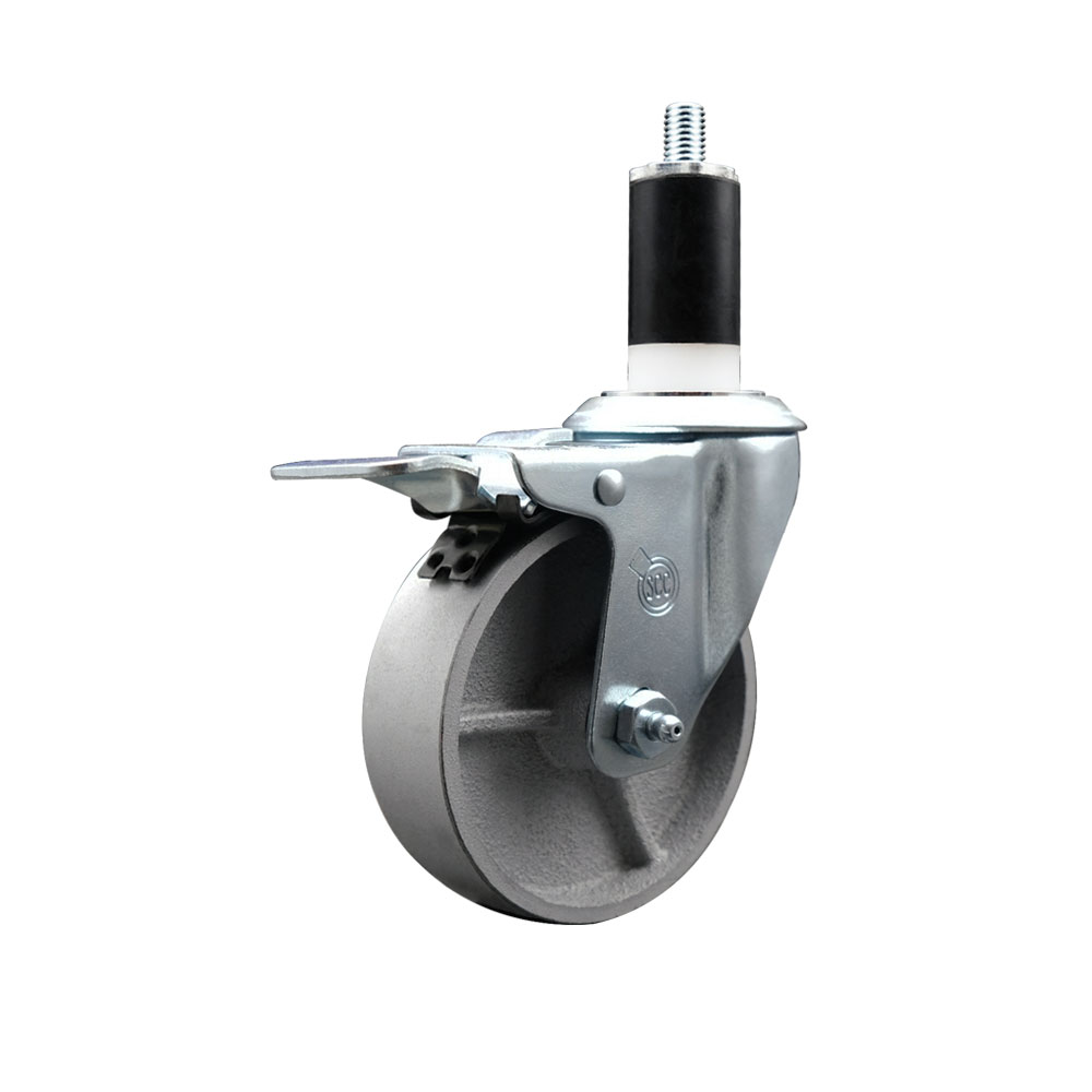 Semi Steel Cast Iron Swivel Expanding Stem Caster w/Roller Bearing - 4" x 1.5" Silver Wheel and 1-3/8" Stem & Total Locking Brake - 300 lbs Capacity/Caster - Service Caster Brand — photo 1