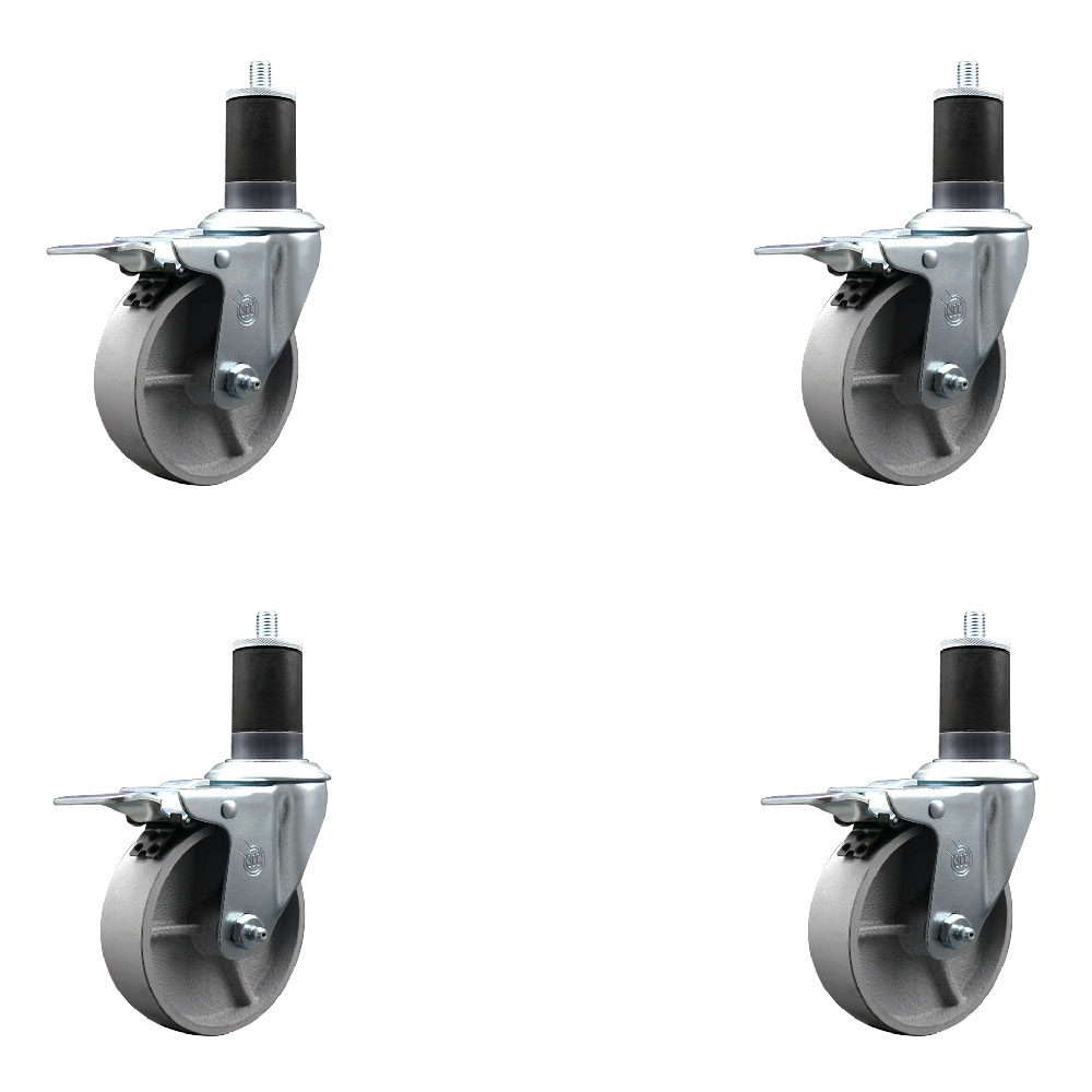 Semi Steel Cast Iron Swivel Expanding Stem Caster Set of 4 with 4 Inch Silver Wheels and 1-5/8" Stems - 4 Swivel with Total Locking Brakes - 300 lbs. Capacity Per Caster - Service Caster Brand — photo 1