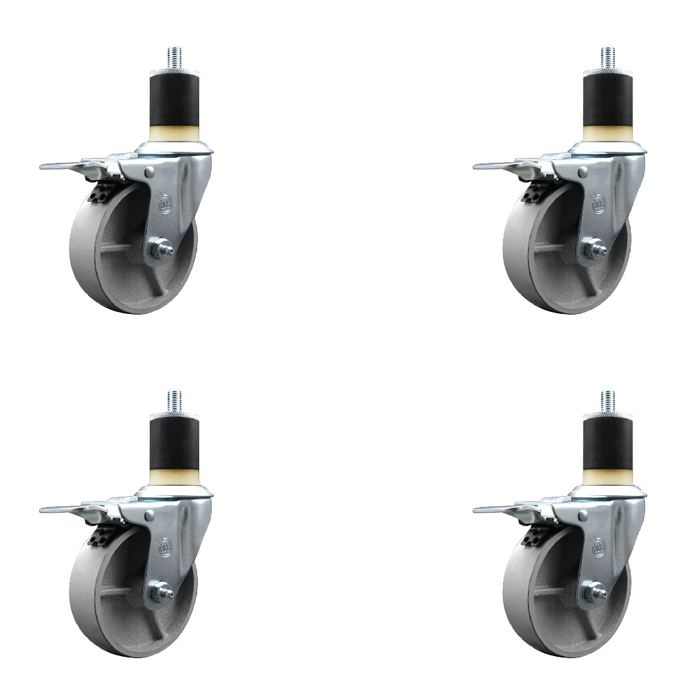 Semi Steel Cast Iron Swivel Expanding Stem Caster Set of 4 with Roller Bearings - 4" x 1.5" Silver Wheels and 1-7/8" Stems - 4 with Total Lock Brakes - 1200 lbs Total Capacity - Service Caster Brand — photo 1