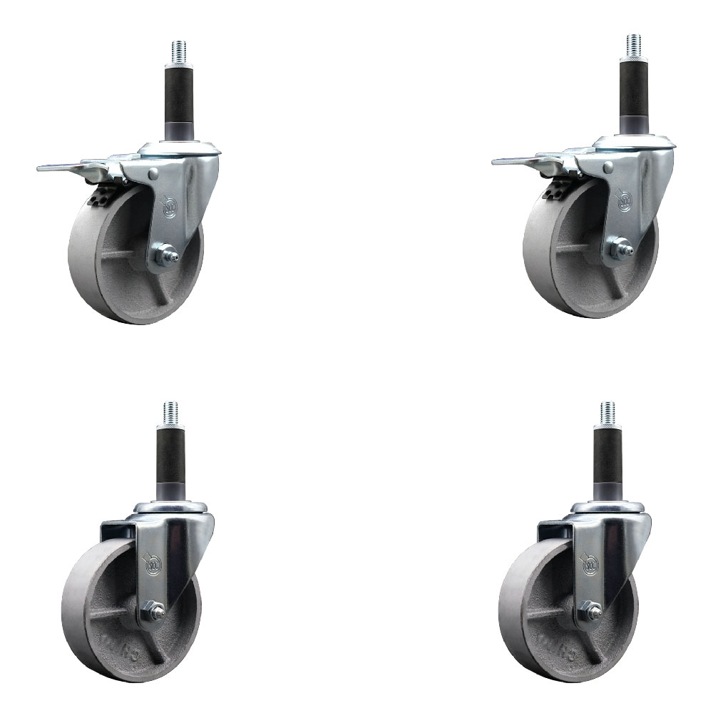 Semi Steel Cast Iron Swivel Expanding Stem Caster Set of 4 w/Roller Bearings - 4" x 1.5" Silver Wheels and 1" Stems - 2 with Total Locking Brakes - 1200 lbs Total Capacity - Service Caster Brand — photo 1