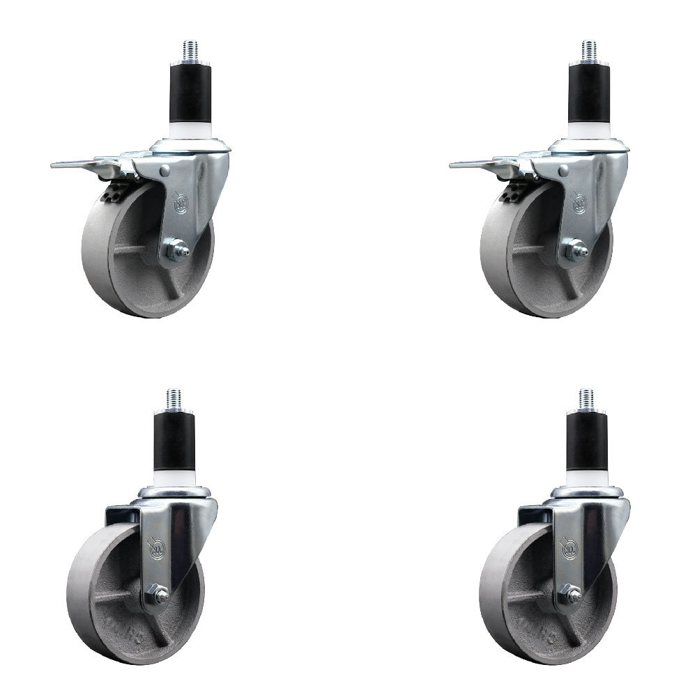 Semi Steel Cast Iron Swivel Expanding Stem Caster Set of 4 w/Roller Bearings - 4" x 1.5" Silver Wheels and 1-1/2" Stems - 2 with Total Locking Brakes - 1200 lbs Total Capacity - Service Caster Brand — photo 1