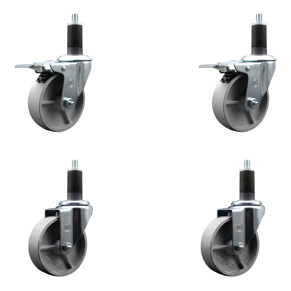Semi Steel Cast Iron Swivel Expanding Stem Caster Set of 4 w/Roller Bearings - 4" x 1.5" Silver Wheels and 1-1/4" Stems - 2 with Total Locking Brakes - 1200 lbs Total Capacity - Service Caster Brand — photo 1