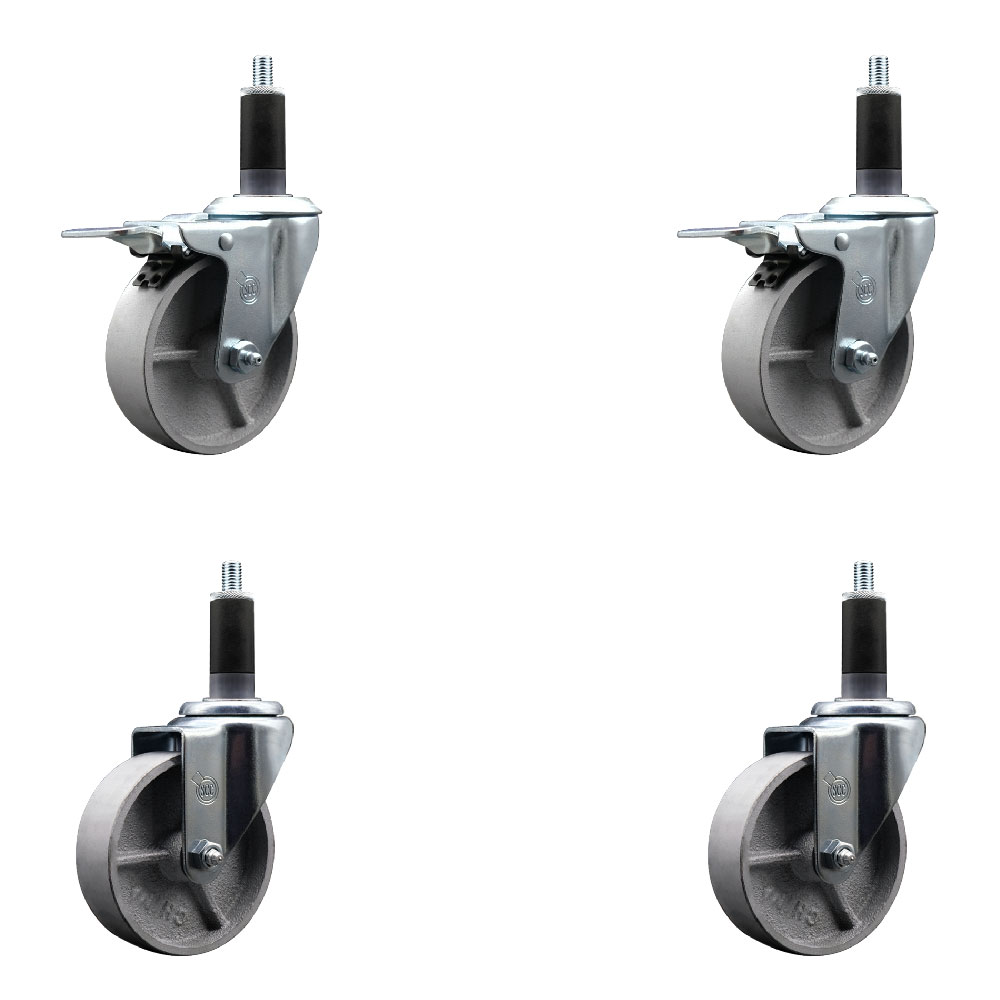 Semi Steel Cast Iron Swivel Expanding Stem Caster Set of 4 with Roller Bearings - 4" x 1.5" Silver Wheels and 1-1/8" Stems - 4 with Total Lock Brakes - 1200 lbs Total Capacity - Service Caster Brand — photo 1